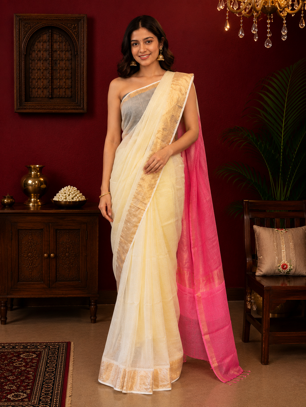 White & Pink Shaded Kota Doria Saree with Zari Border