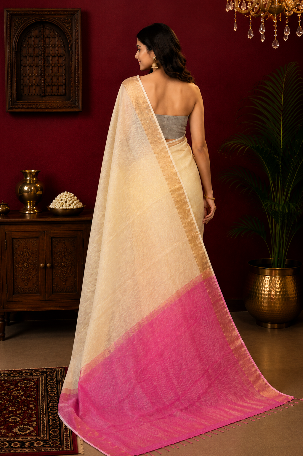 White & Pink Shaded Kota Doria Saree with Zari Border