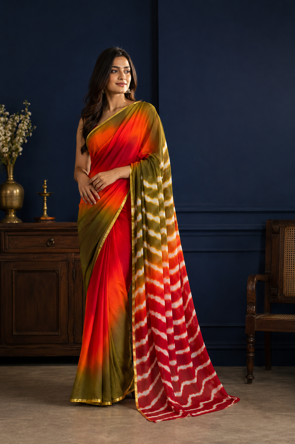 Multicolor Chiffon Leheriya Saree  Zari Border