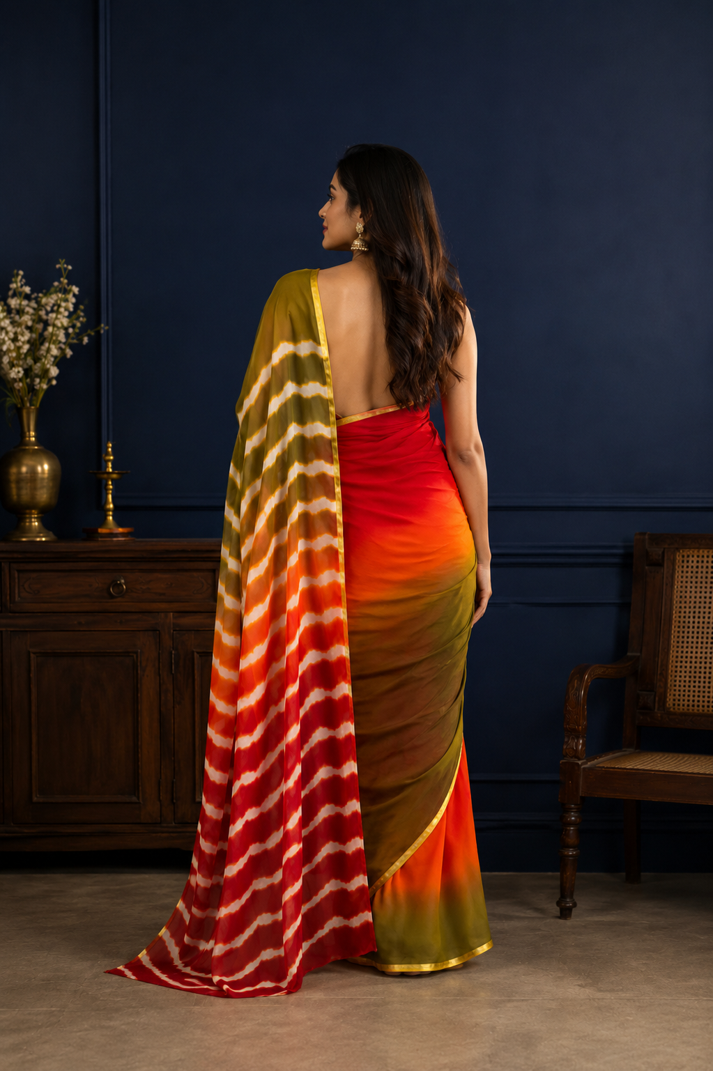 Multicolor Chiffon Leheriya Saree  Zari Border