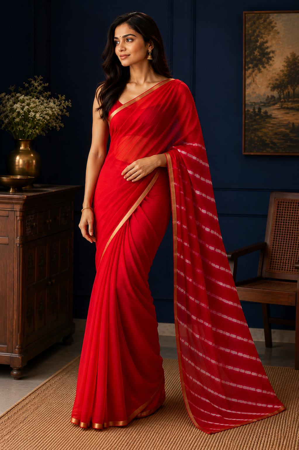 Red Chiffon Shaded Leheriya Saree  Zari Border