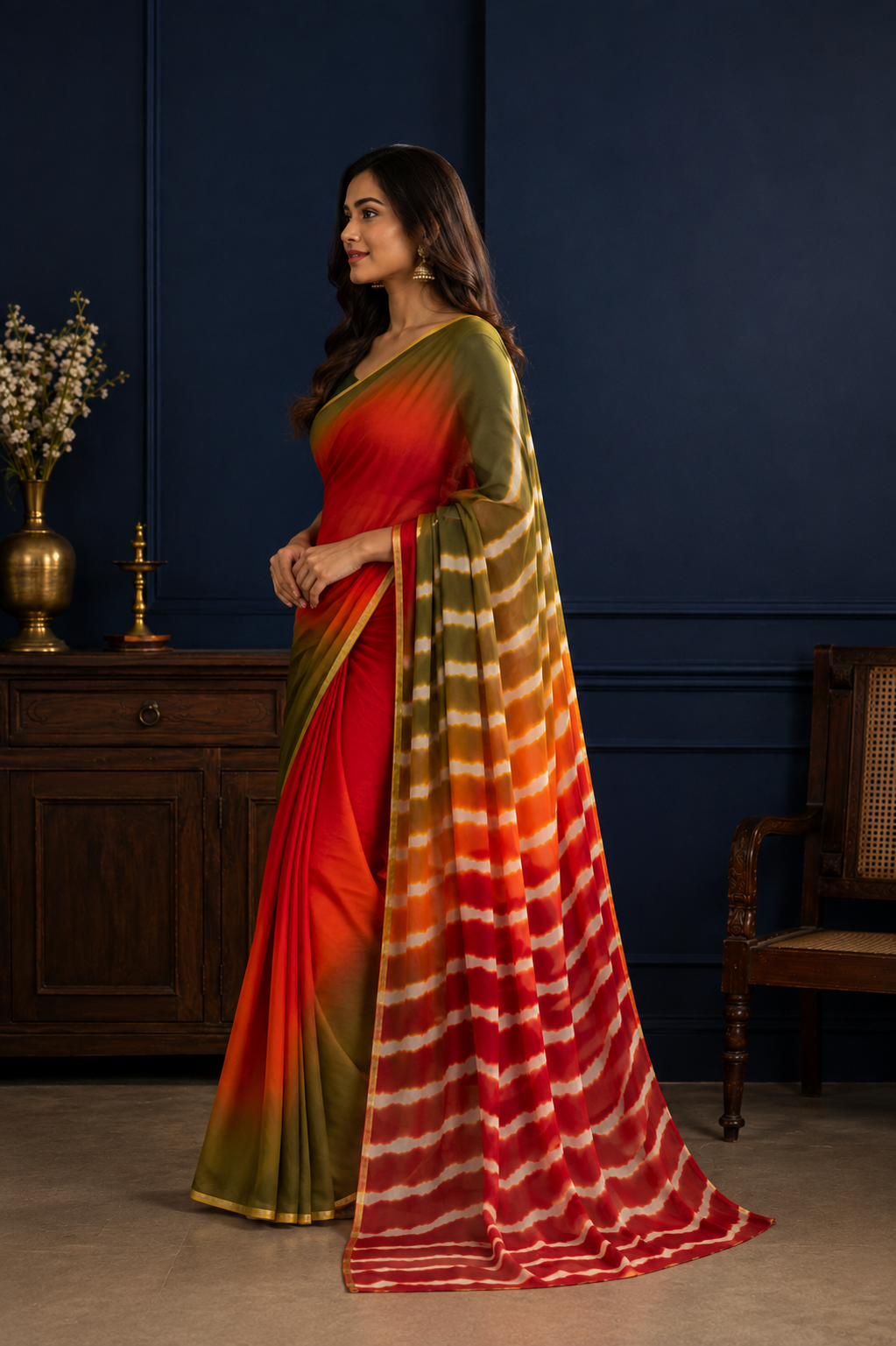 Multicolor Chiffon Leheriya Saree  Zari Border