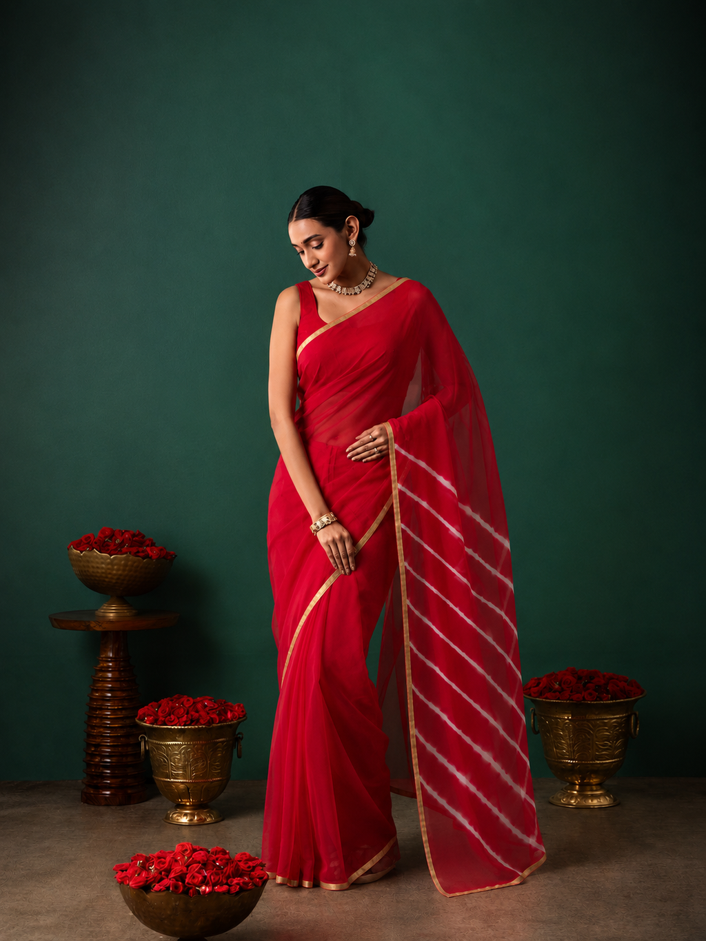 Red Chiffon Shaded Leheriya Saree  Zari Border