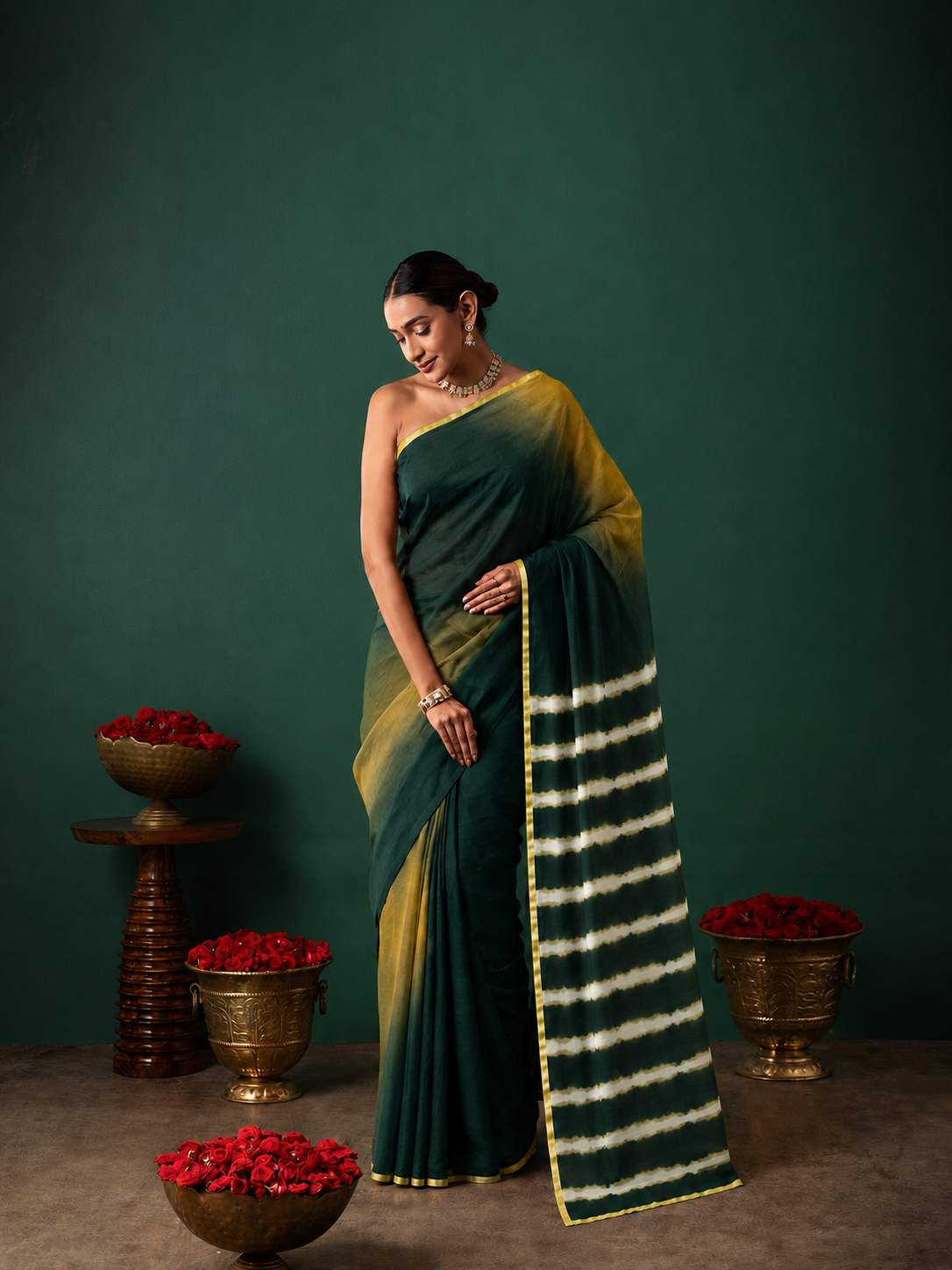 Green Chiffon Shaded Leheriya Saree  Zari Border
