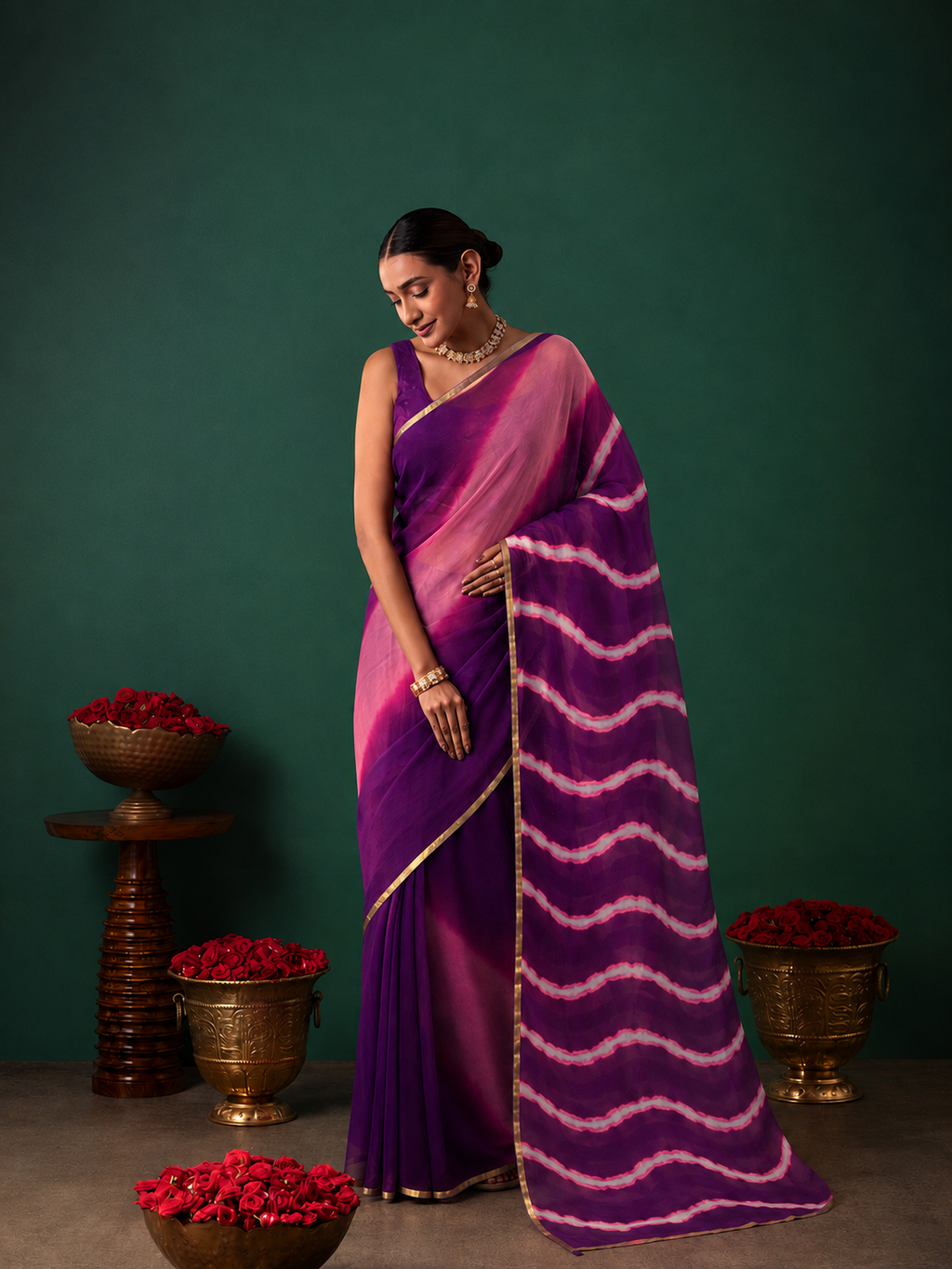 Purple Chiffon Shaded Leheriya Saree with Zari Border