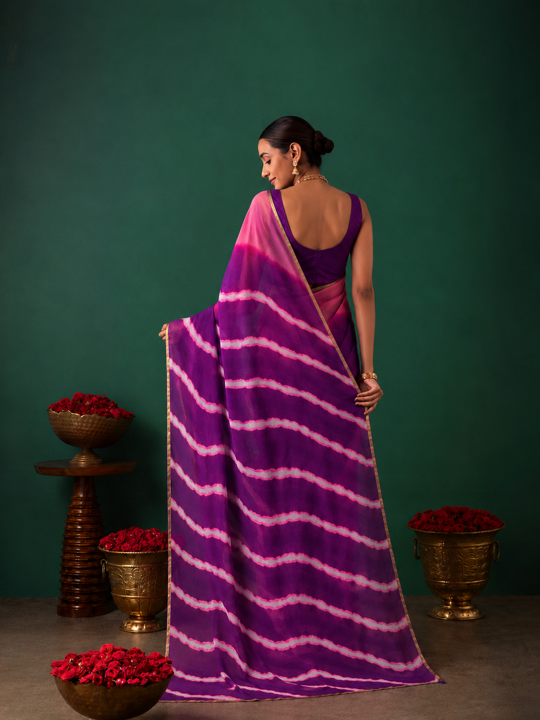 Purple Chiffon Shaded Leheriya Saree with Zari Border