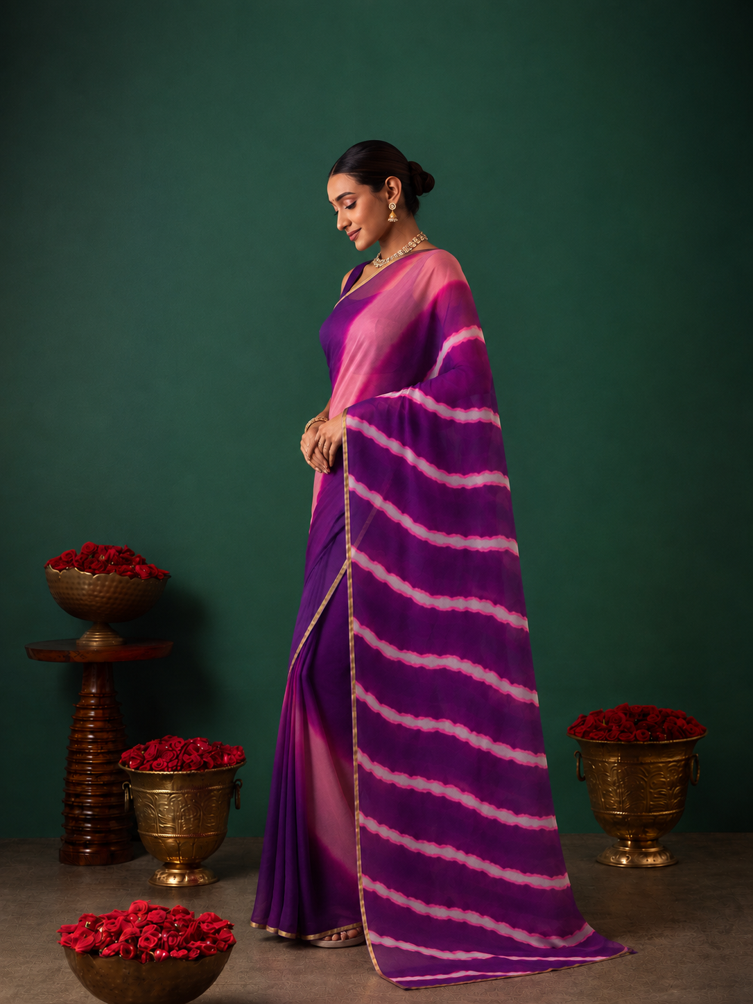 Purple Chiffon Shaded Leheriya Saree with Zari Border