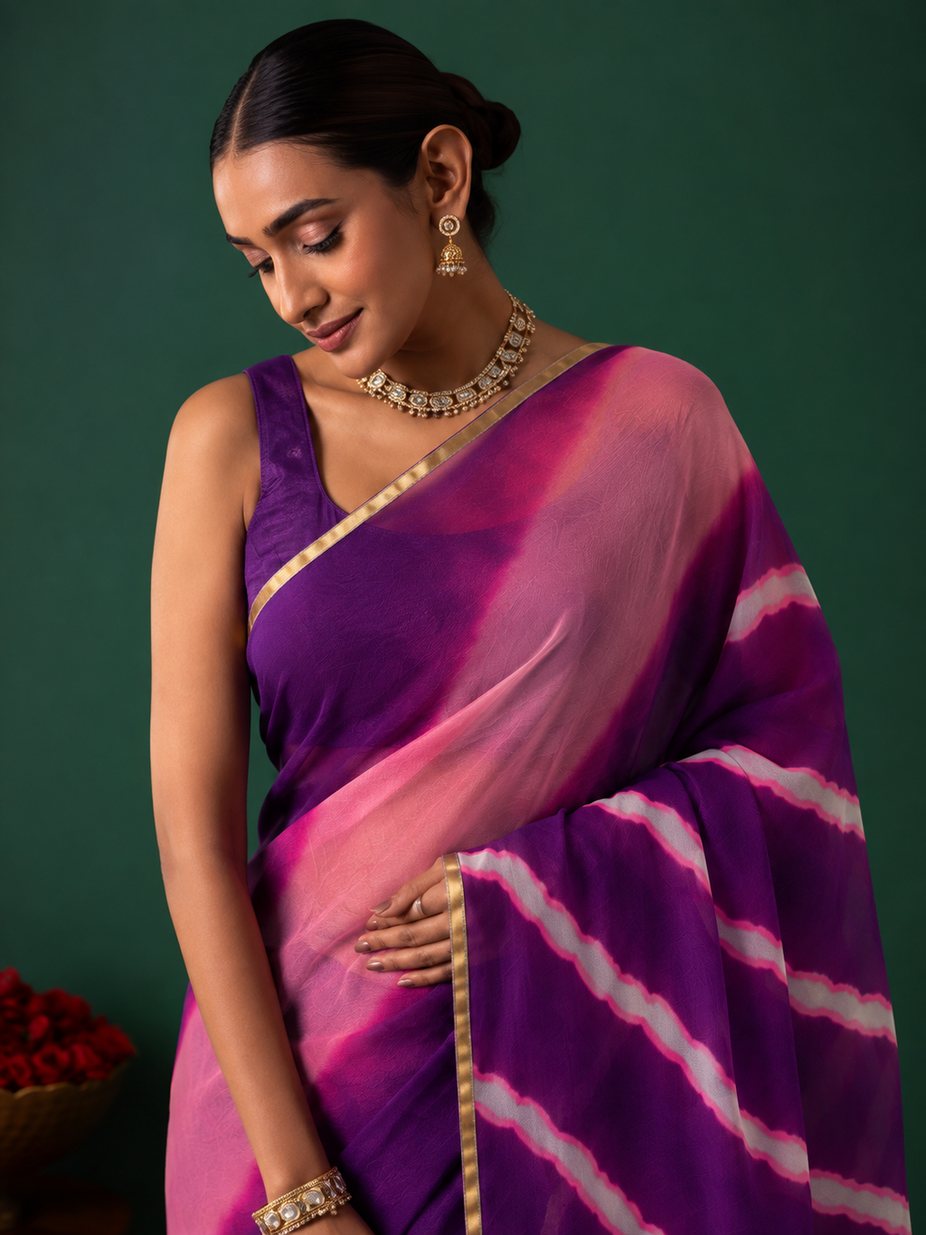 Purple Chiffon Shaded Leheriya Saree with Zari Border