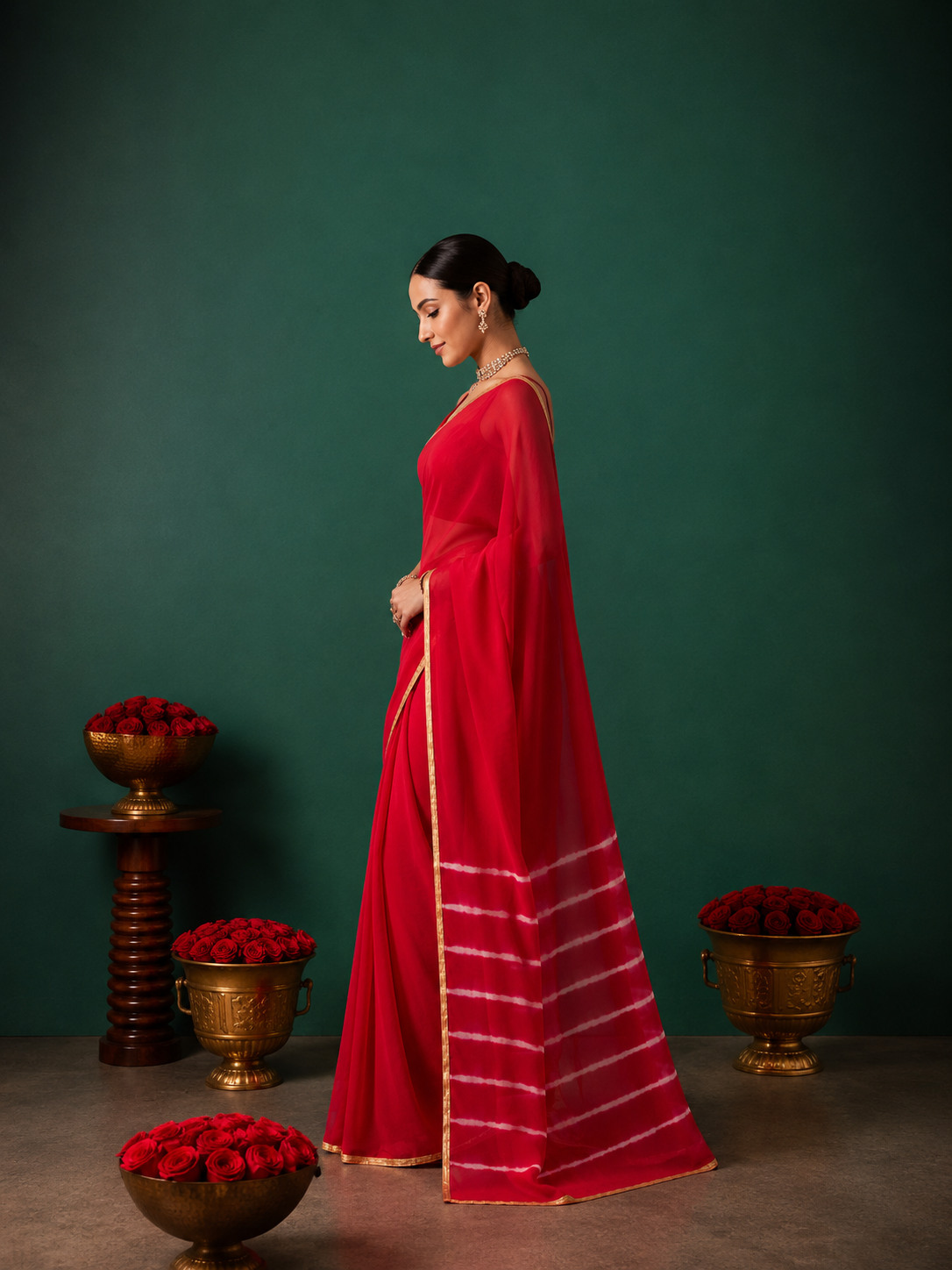 Red Chiffon Shaded Leheriya Saree  Zari Border