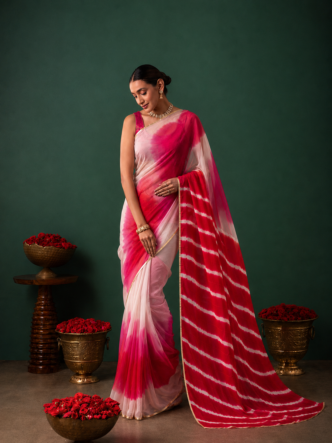 Pink Chiffon Shaded Leheriya Saree  Zari Border