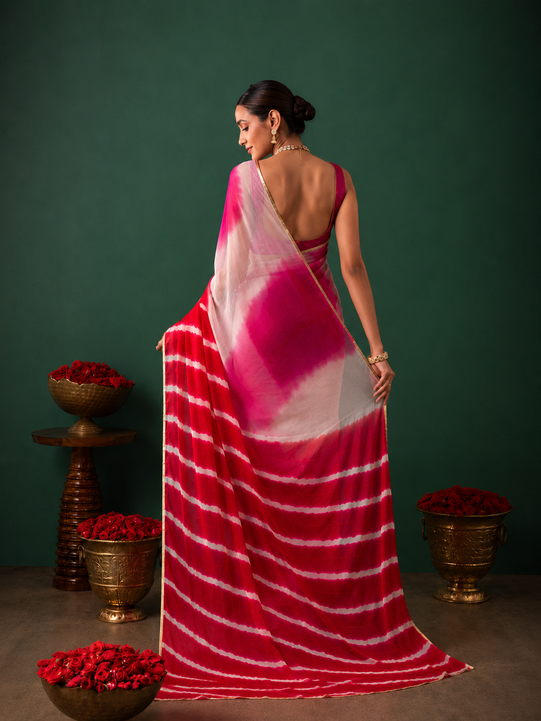 Pink Chiffon Shaded Leheriya Saree  Zari Border
