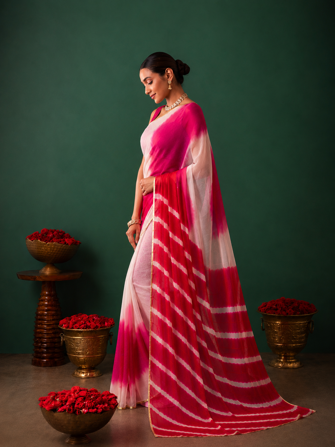 Pink Chiffon Shaded Leheriya Saree  Zari Border