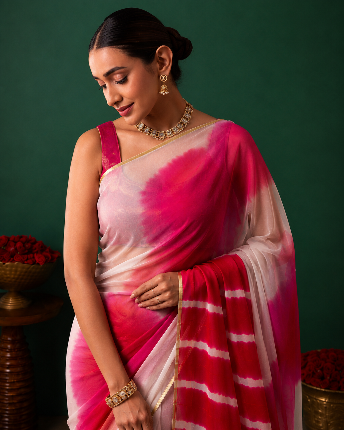 Pink Chiffon Shaded Leheriya Saree  Zari Border
