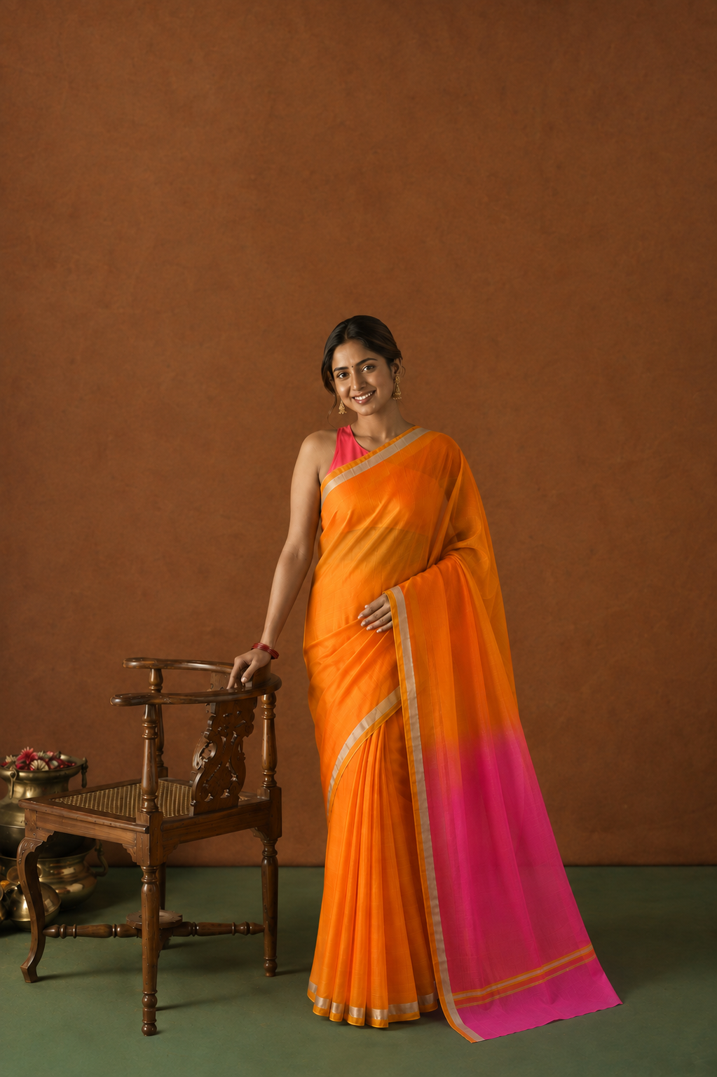 Orange & Pink Shaded Kota Doria Saree with Zari Border