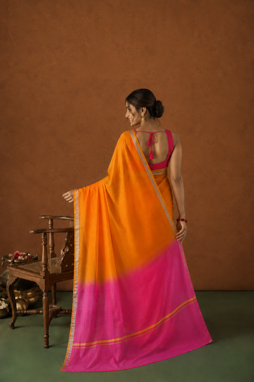 Orange & Pink Shaded Kota Doria Saree with Zari Border