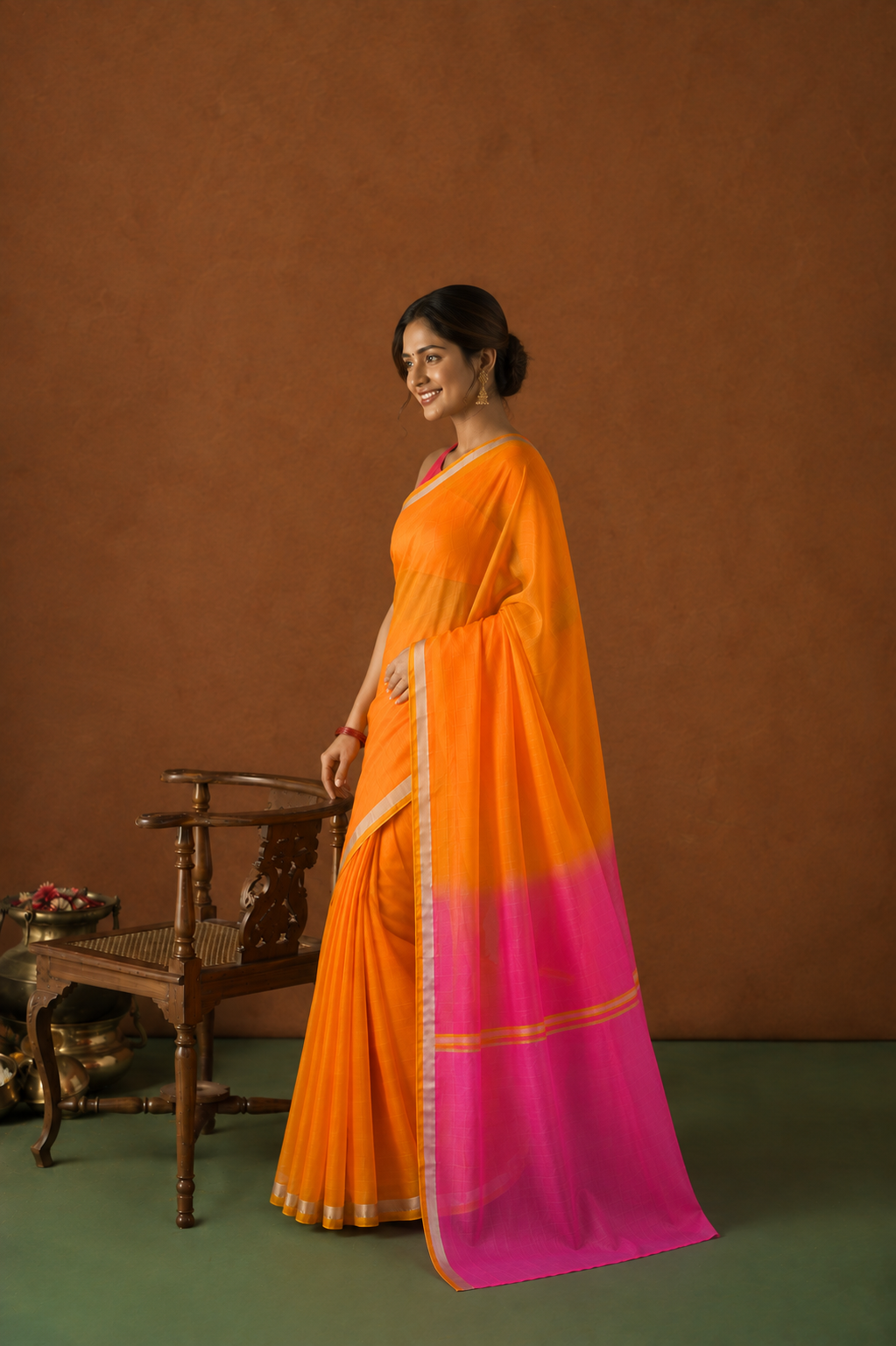 Orange & Pink Shaded Kota Doria Saree with Zari Border