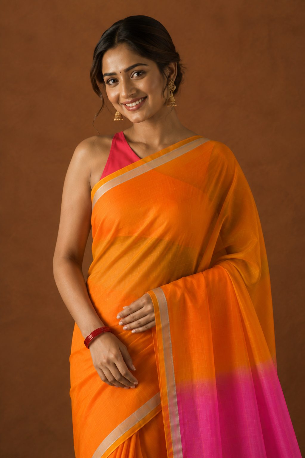 Orange & Pink Shaded Kota Doria Saree with Zari Border