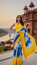 Indigo Blue & Yellow Shaded Kota Doria Saree with Zari Border