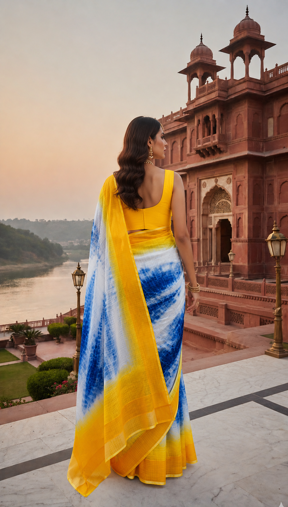Indigo Blue & Yellow Shaded Kota Doria Saree with Zari Border