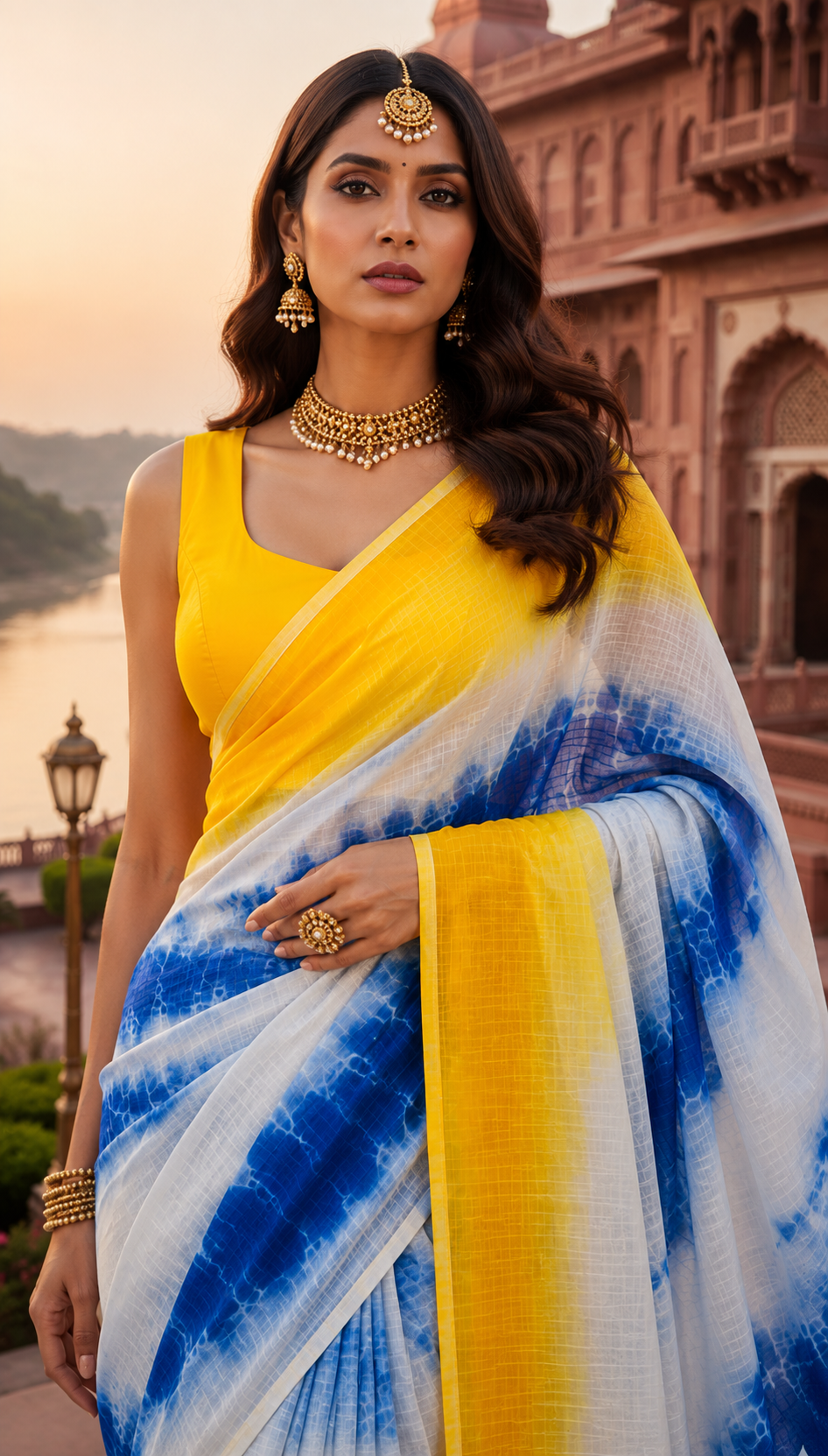 Indigo Blue & Yellow Shaded Kota Doria Saree with Zari Border