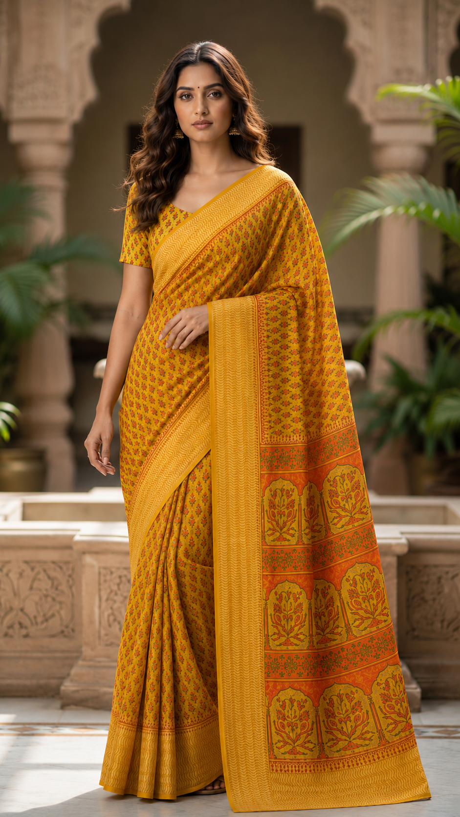 Yellow Hand Block Printed Kota Doria Saree with Zari Border