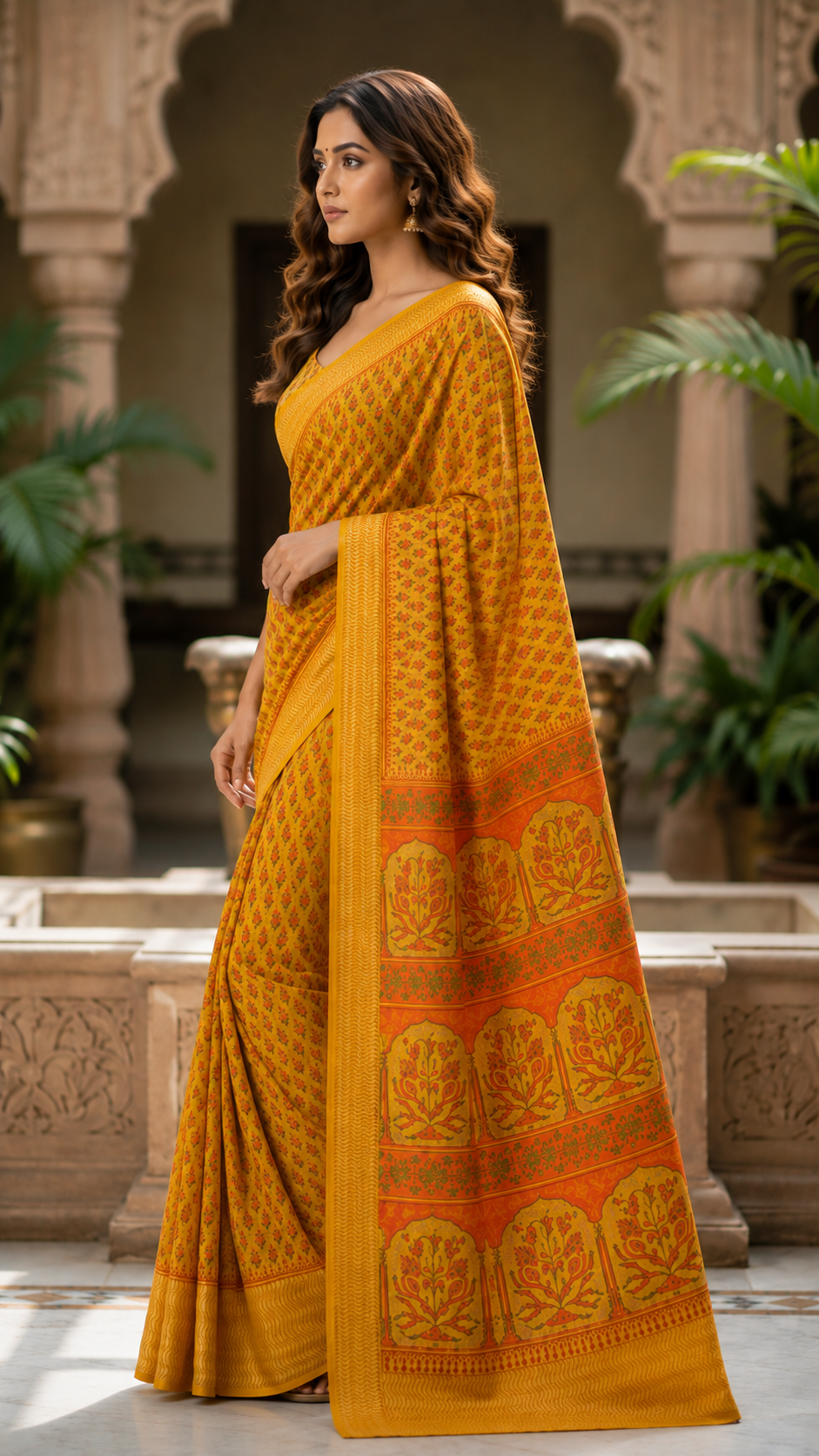 Yellow Hand Block Printed Kota Doria Saree with Zari Border