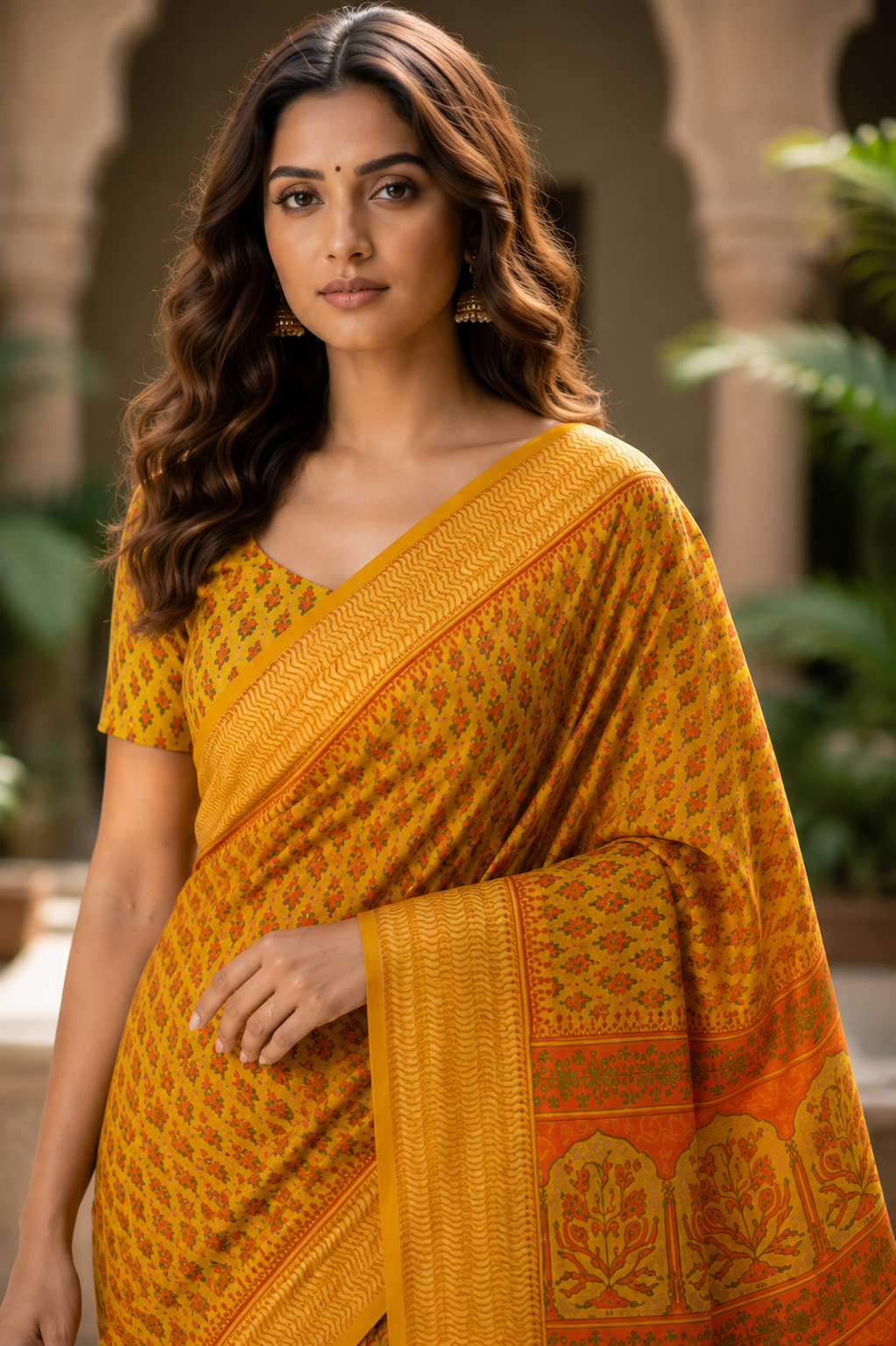 Yellow Hand Block Printed Kota Doria Saree with Zari Border
