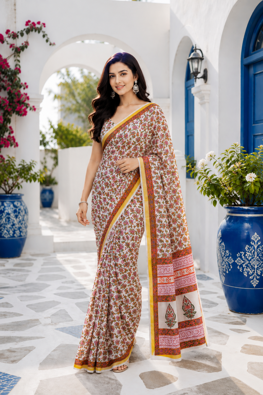 White Hand Block Printed Kota Doria Saree with Zari Border