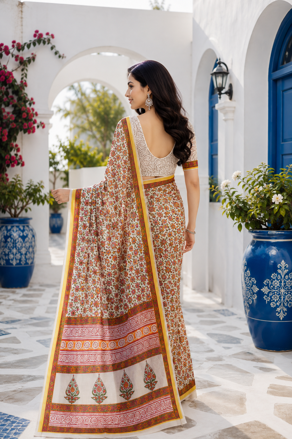 White Hand Block Printed Kota Doria Saree with Zari Border