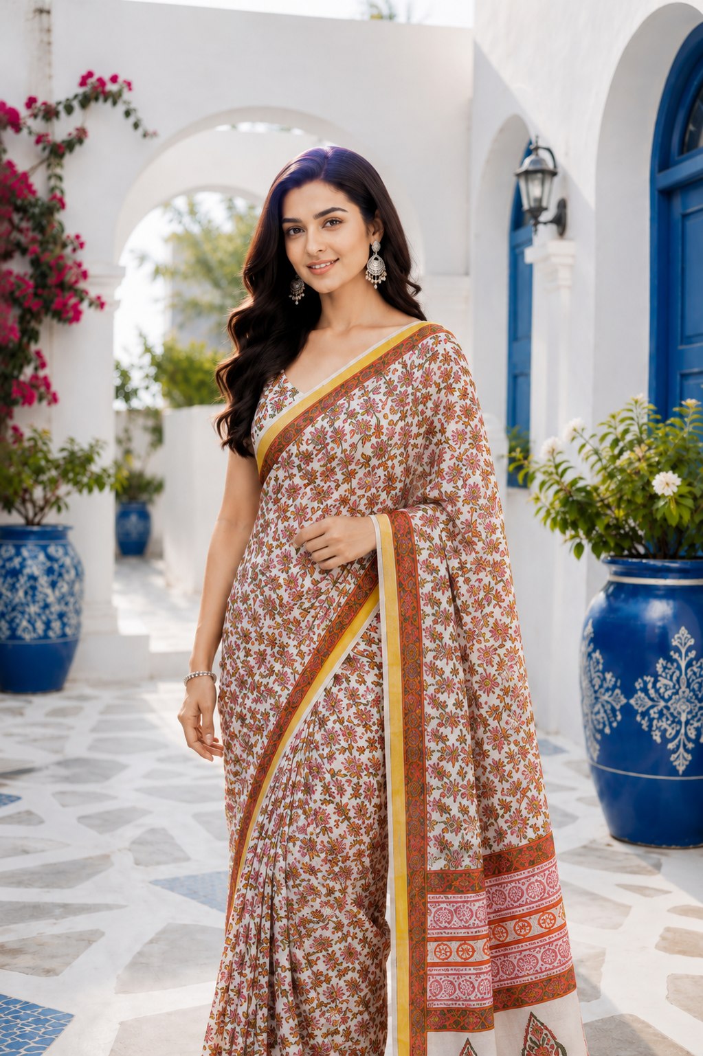 White Hand Block Printed Kota Doria Saree with Zari Border