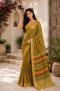 Green Hand Block Printed Kota Doria Saree with Zari Border