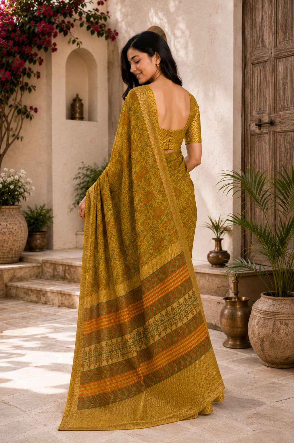 Green Hand Block Printed Kota Doria Saree with Zari Border
