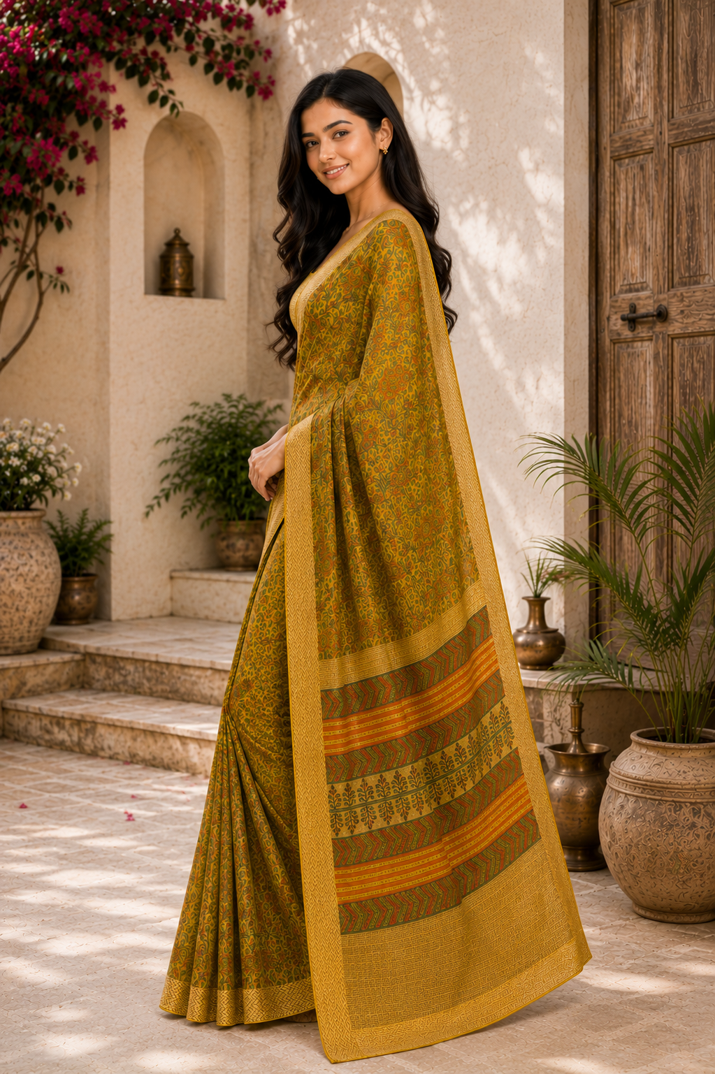Green Hand Block Printed Kota Doria Saree with Zari Border
