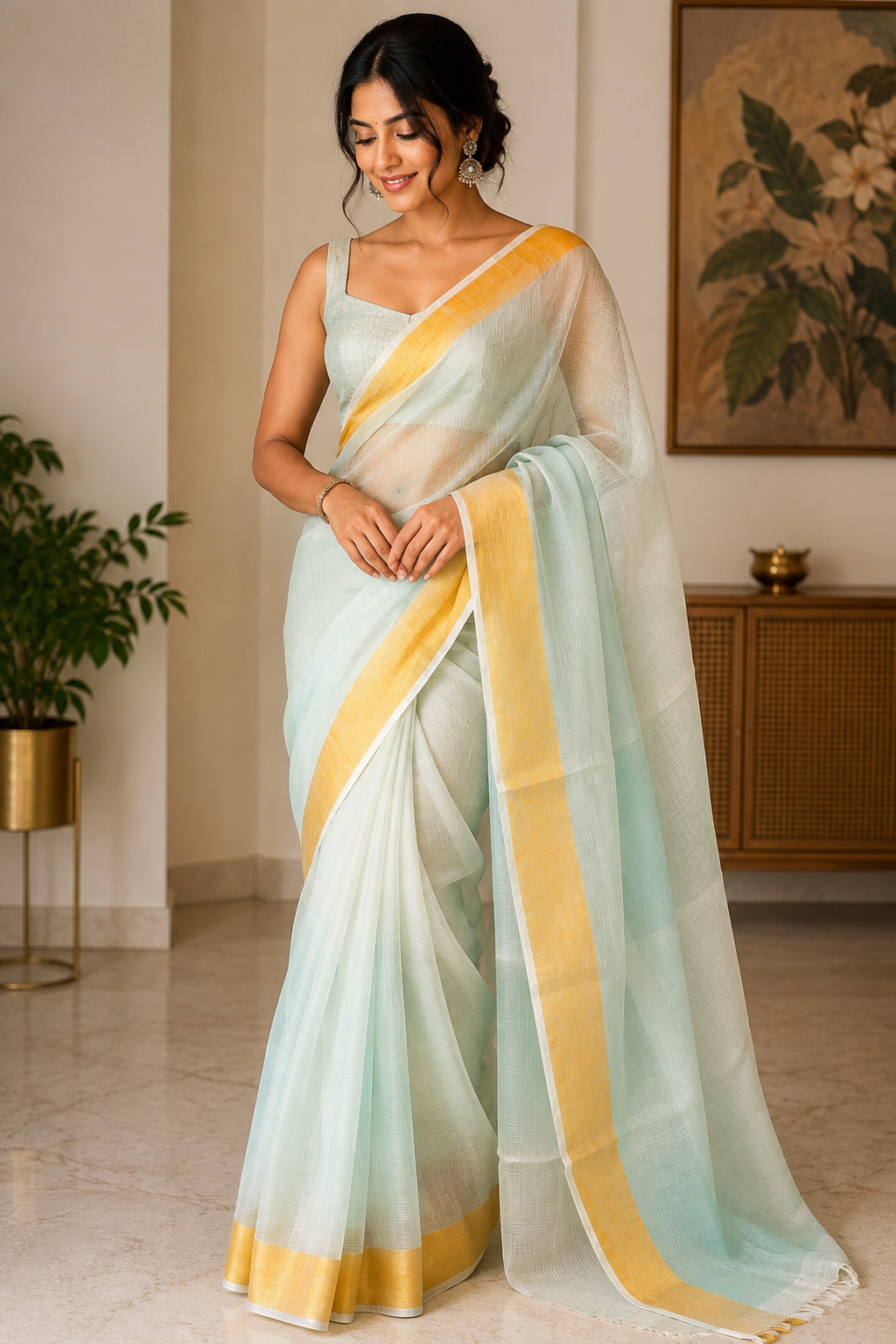 Aqua Green Kota Doria Saree with Zari Border