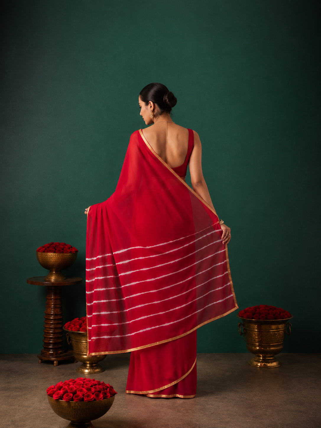 Red Chiffon Shaded Leheriya Saree  Zari Border