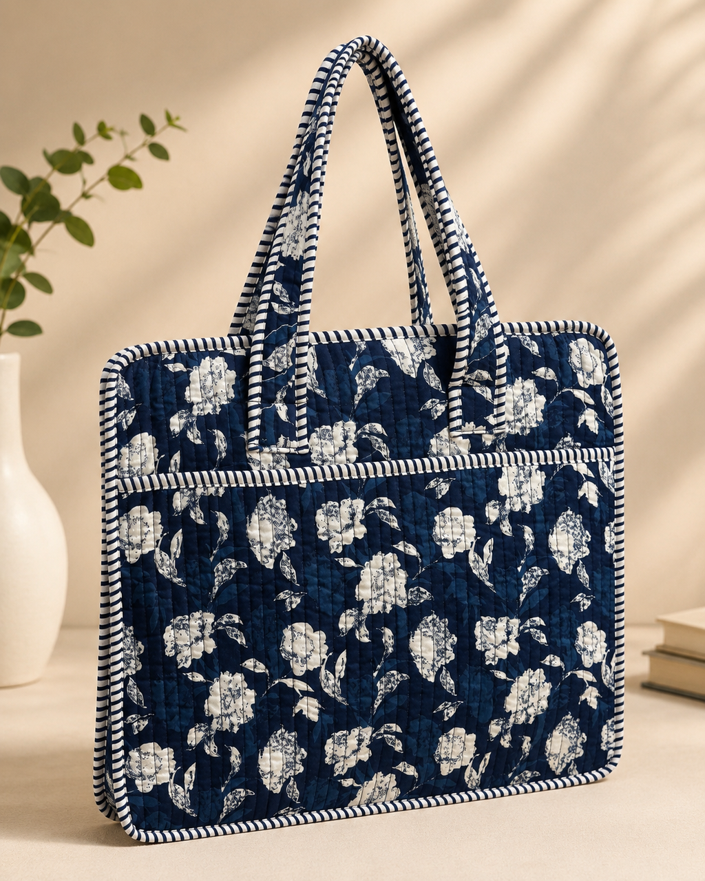 Blue Bagru Block Print Quilted Laptop Bag