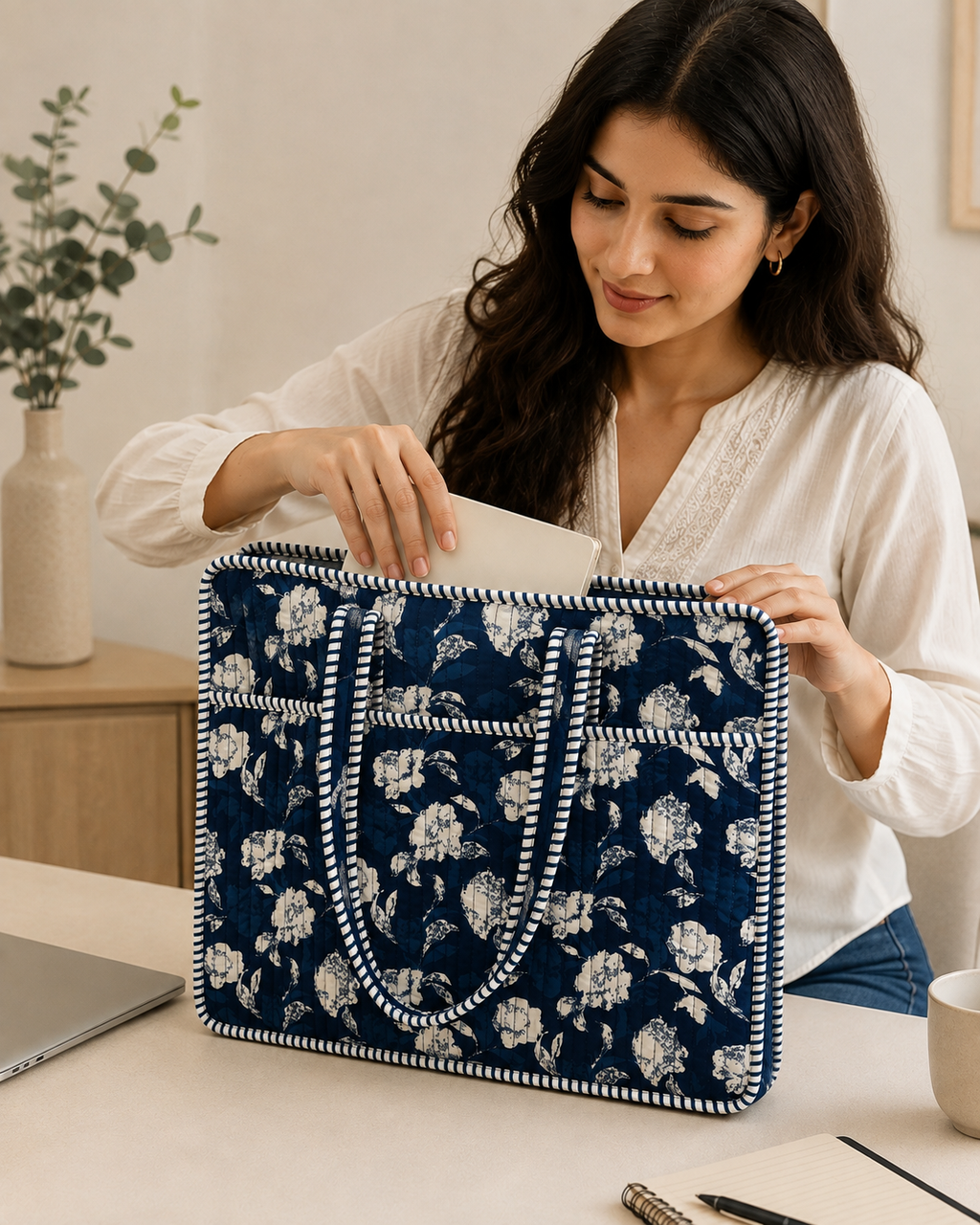 Blue Bagru Block Print Quilted Laptop Bag