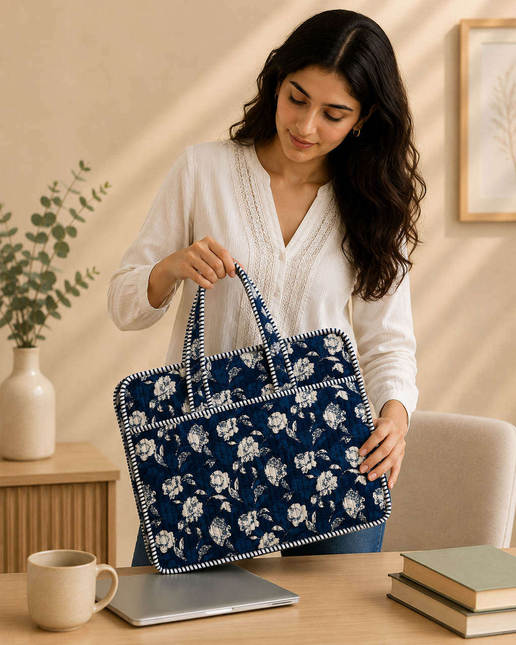 Blue Bagru Block Print Quilted Laptop Bag