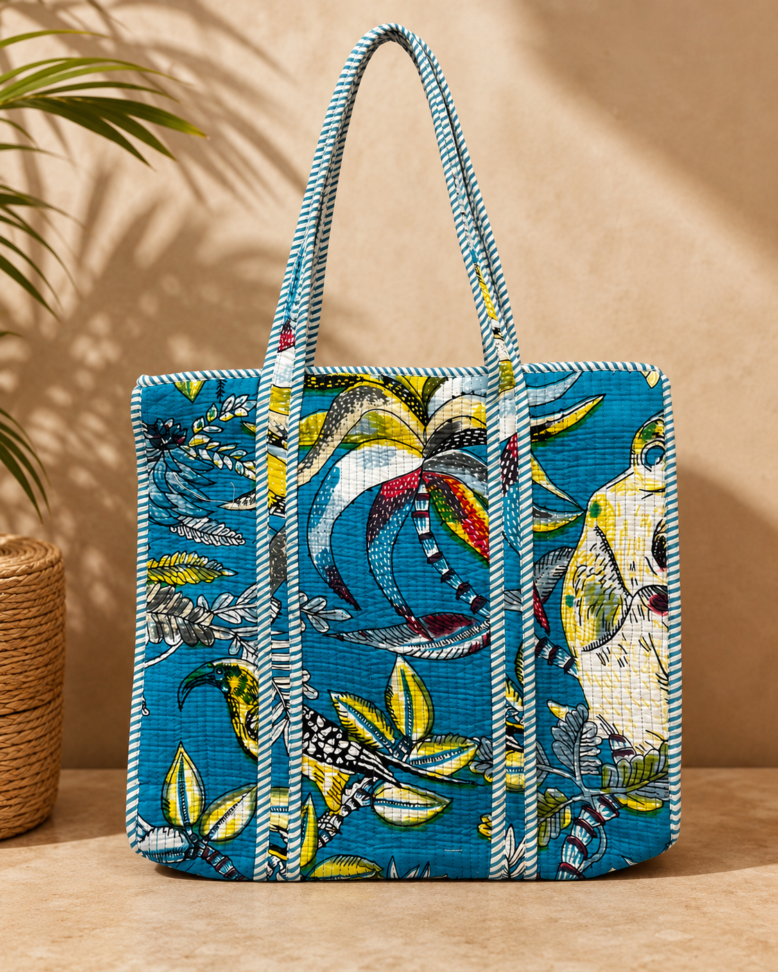 Turquoise Blue Bagru Block Print Quilted Tote Bag