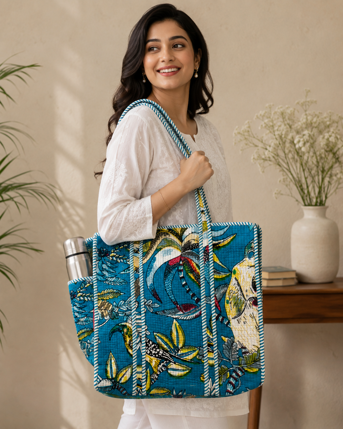 Turquoise Blue Bagru Block Print Quilted Tote Bag