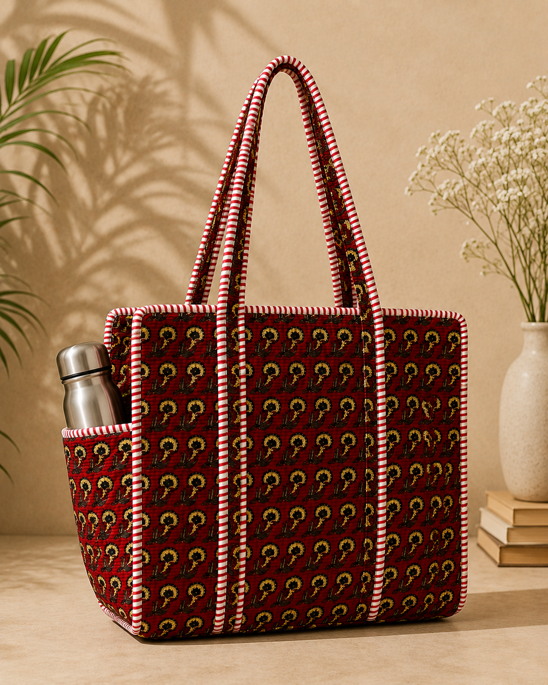 Red Bagru Block Print Quilted Tote Bag