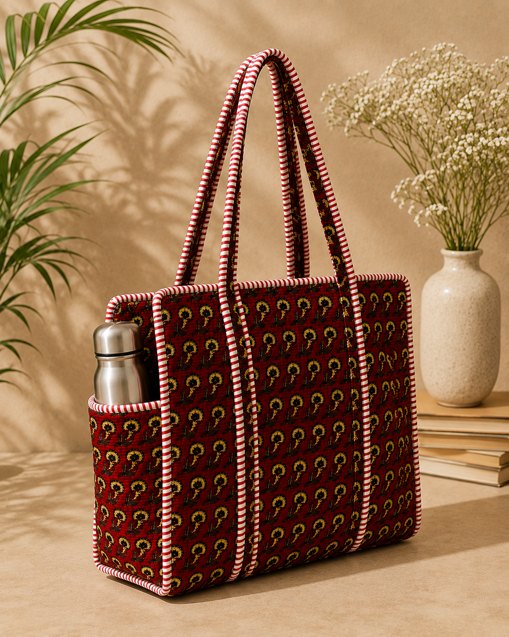 Red Bagru Block Print Quilted Tote Bag