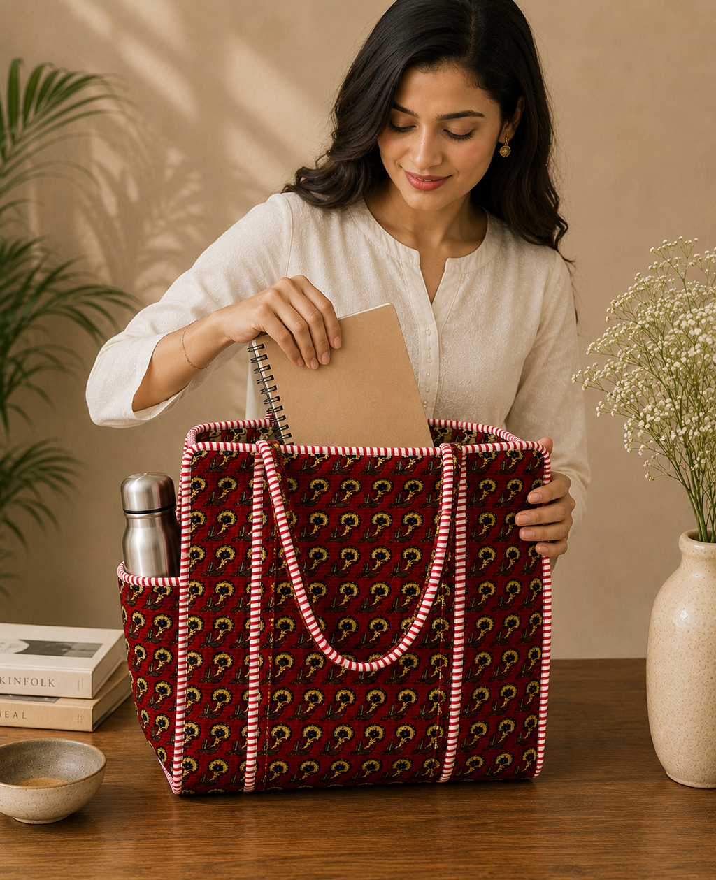 Red Bagru Block Print Quilted Tote Bag