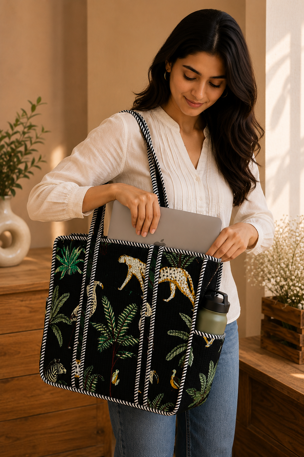 Black Hand Block Print Quilted Tote Bag