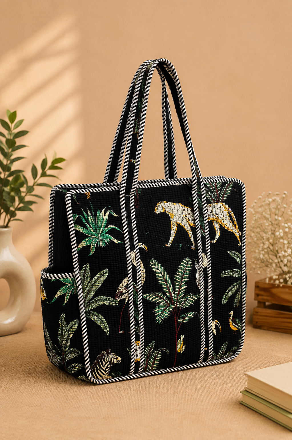 Black Animal Handblock Print tote bag
