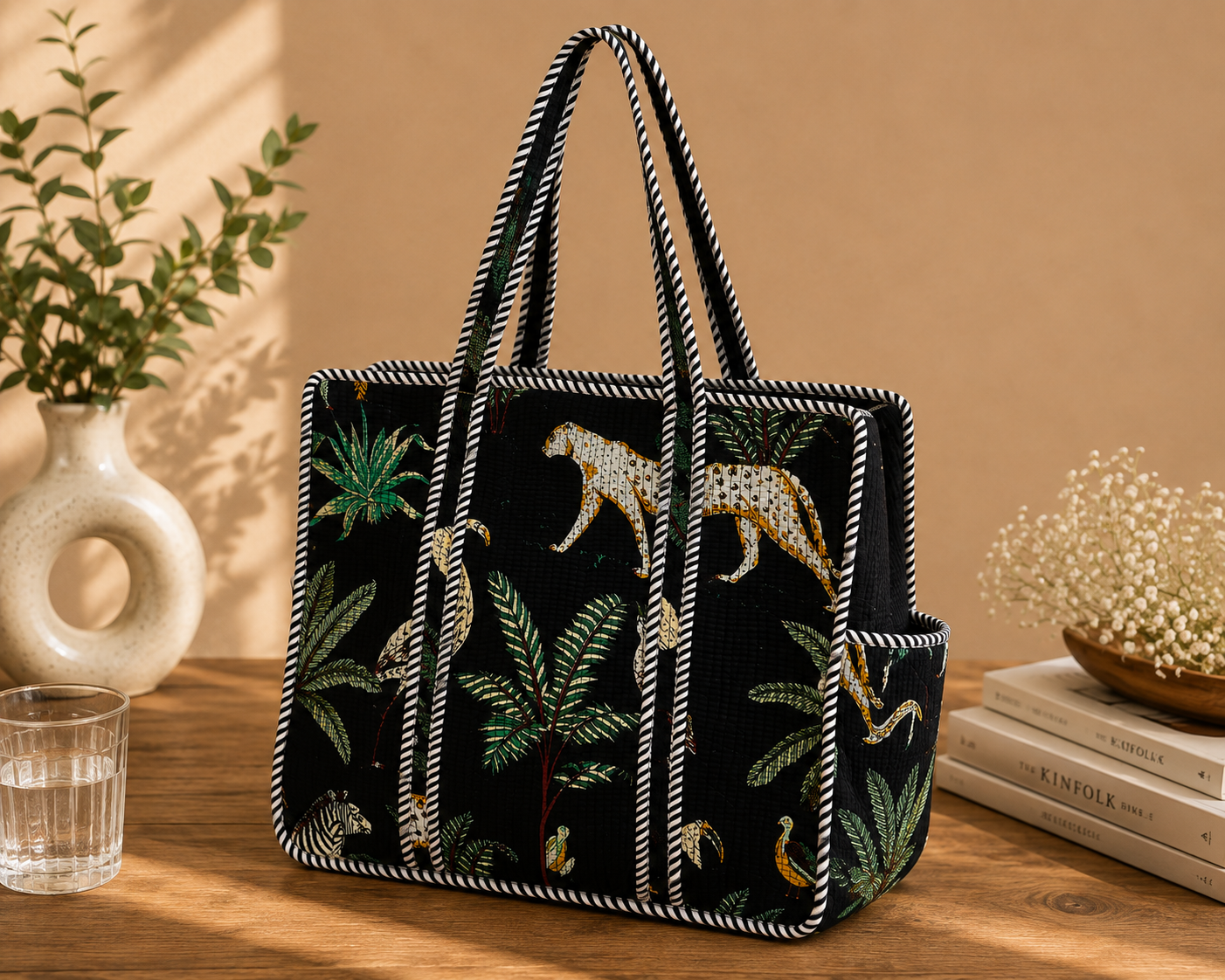 Black Animal Handblock Print tote bag
