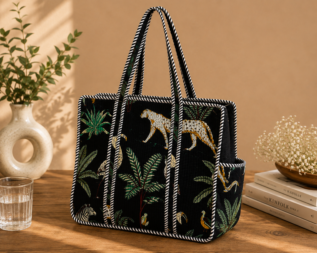 Black Hand Block Print Quilted Tote Bag