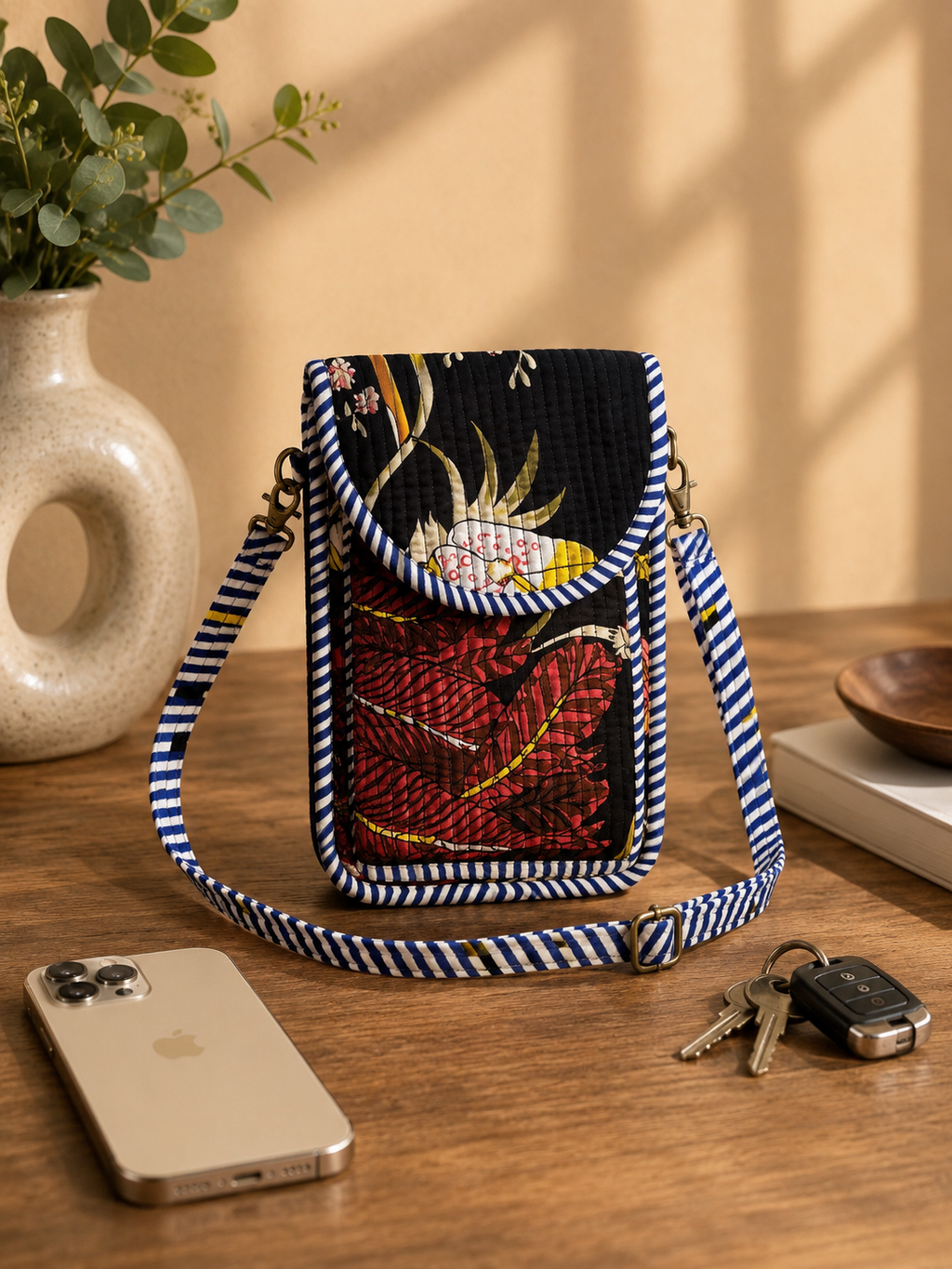 Black Floral Hand Block Print Quilted Sling Bag