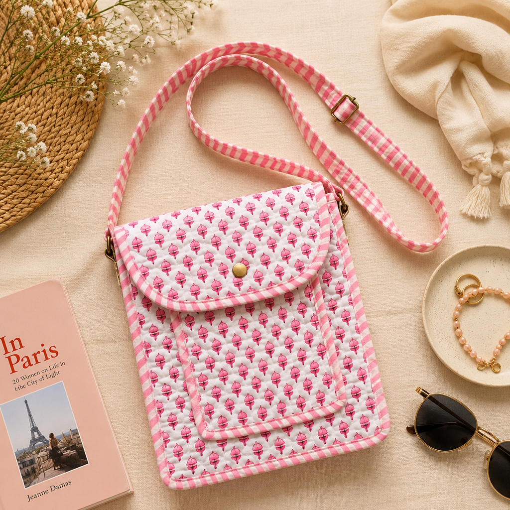 Pink Floral Hand Block Print Quilted Sling Bag