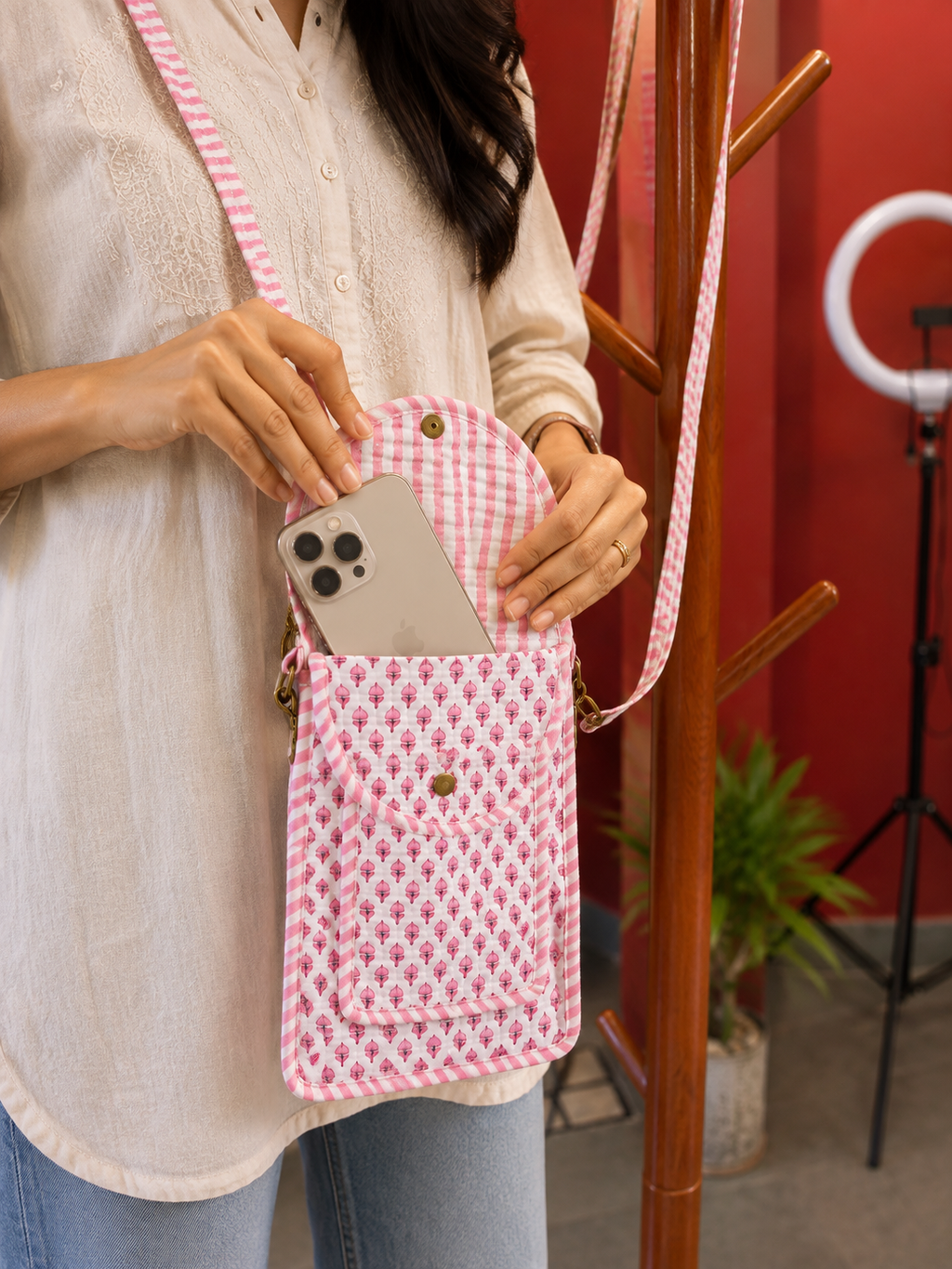 Pink Floral Hand Block Print Quilted Sling Bag